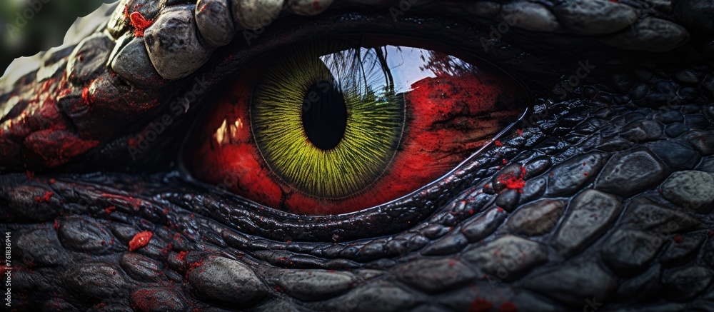 Poster a detailed closeup of a dragons eye with piercing red and green irises, resembling a mesmerizing pat