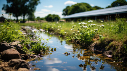 Chickens in pond near green meadow