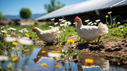 Chickens in pond near green meadow - Powered by Adobe