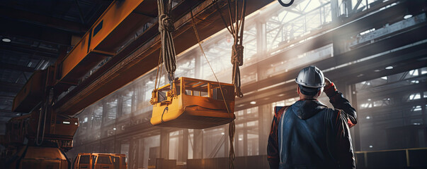 Industry Worker in yellow helmet navigate a big heavy crane in warehouse or factory