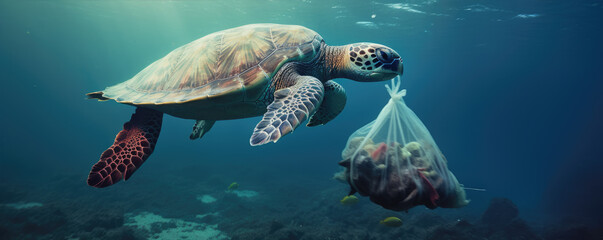 Turtle swimming in blue ocean full plastic waste. - obrazy, fototapety, plakaty