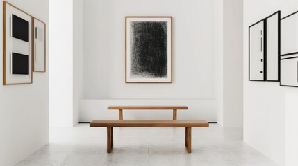 Minimalistic Wooden Bench Below Black and White Art Gallery AI Generated.