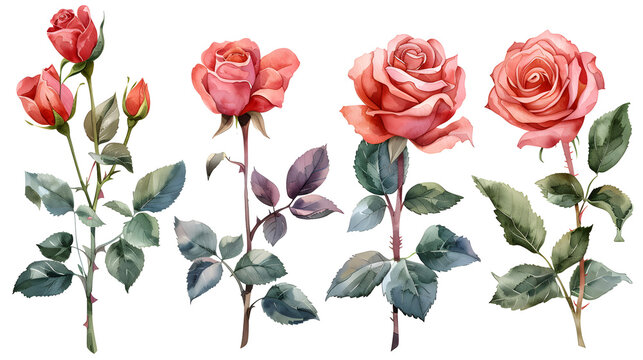 A collection of watercolor roses flowers isolated on a white background, perfect for botanical art, decoration, or romantic occasions.
