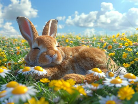 Easter background. Easter Bunny is sleeping in the grass. High quality photo. Generated by AI