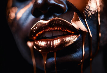Rose gold paint drips from the face and lips