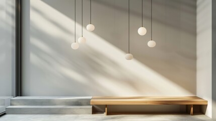 Wooden Bench Accompanied by Trio of Pendant Lights in Minimalist Hall.