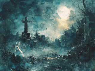 Watercolor scene, zombie rabbit, misty graveyard, suspenseful, moonlit night - obrazy, fototapety, plakaty