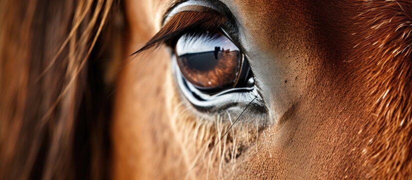 A close up of a horses electric blue eye shows a reflection of a person. The eyelashes, wrinkles, and fur on the horses snout are detailed, creating a striking image in the wooden background