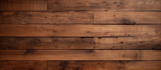 Naklejka premium A closeup of a brown hardwood plank wall, showcasing the rich wood stain and intricate pattern of the building material. Lumber flooring in a rectangle shape
