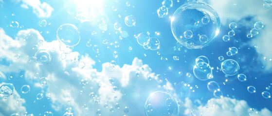 Sunlit soap bubbles floating in the blue sky - obrazy, fototapety, plakaty