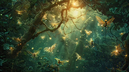 fairies flying through the forest.