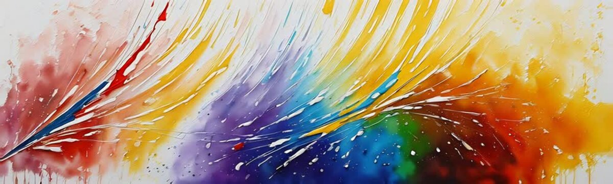 abstract painting of multicolored paint splattered on a white background, in the style of watercolor, soft edges, color gradations, luminous, water