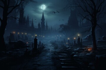 Spectral Necromancer cemetery dark background. Skull night. Generate Ai - obrazy, fototapety, plakaty