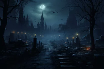 Fotobehang Spectral Necromancer cemetery dark background. Skull night. Generate Ai © juliars