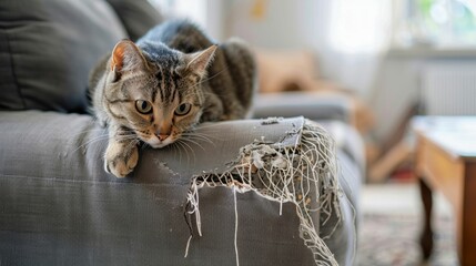 Tabby Cat Lounging on a Frayed Sofa. Generative ai - obrazy, fototapety, plakaty