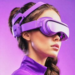 Portrait of young attractive brunette woman wearing virtual reality glasses with purple background.