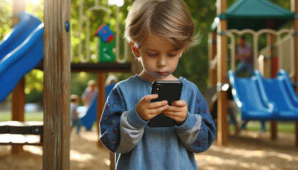 Child absorbed in cellphone, missing playtime at playground. - obrazy, fototapety, plakaty