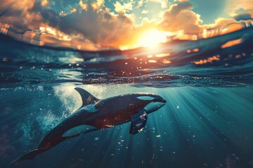 Dolphin Swimming in Ocean at Sunset - obrazy, fototapety, plakaty