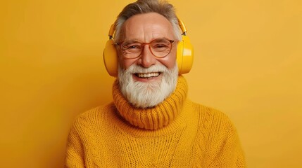 Happy elderly man with yellow headphones and sweater.