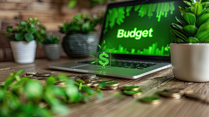 AI Generative, Budget concept with green screen laptop among plants and coins.