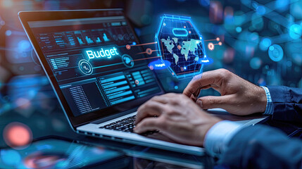 Futuristic budget analytics on a laptop with a global map.