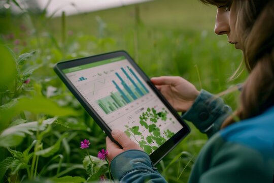 Field research using digital tablet. Environmental data collection in nature. Scientist analyzing plant growth statistics outdoors.