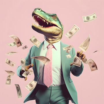 Laughing dinosaur in elegant suit throws banknotes around. Banknotes flying in the air. Abstract concept.