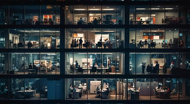 Office work at night in a modern skyscraper with many people