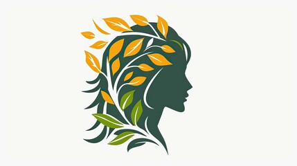 Green and orange leaf silhouette forming a woman’s profile.