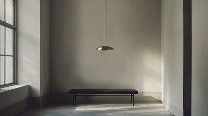 Modern Minimalism: Black Bench and Gold Pendant Light in Elegant Entryway AI Generated.