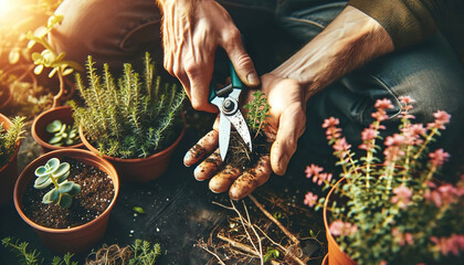 Hands pruning a plant, ensuring health and growth through care. - obrazy, fototapety, plakaty