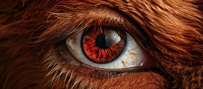 Close up of a terrestrial animals brown eye with red iris, showing eyelashes and whiskers. The nerve endings in the eye connect to the body, liver, and snout of the wildlife creature