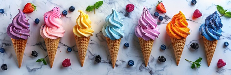 Colorful ice cream cones with different colored swirls of soft serve on top, blueberries and strawberries scattered around the white surface. The background is white, creating contrast between colors  - obrazy, fototapety, plakaty