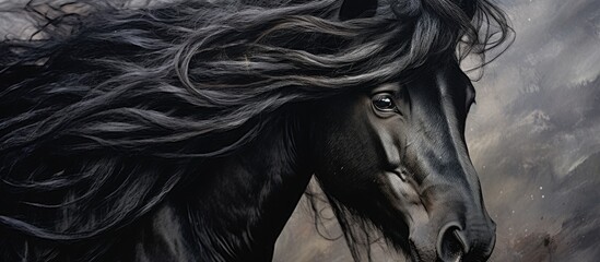 A detailed painting of a black horse with long hair, set against a background of grey, with intricate patterns. The art captures the animals beauty and strength, highlighted by the dark wood framing