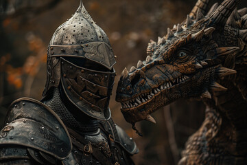 Medieval Knight in Armor with a Dragon on an Adventure and Ready for Battle