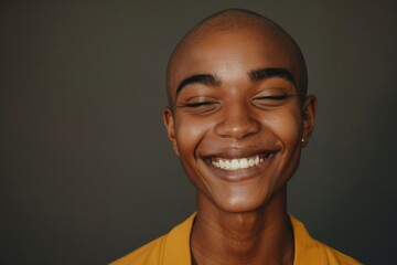 Non-binary person with a shaved head and a yellow shirt is smiling