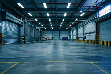 Empty industrial warehouse interior with bright lights