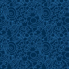 Cartoon animals doodle animals monsters seamless frogs and flower and dinosaur and fish pattern for wrapping paper