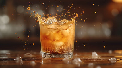 Dynamic shot of ice cubes falling in a glass. Cocktail with splashes and ice cubes. - obrazy, fototapety, plakaty