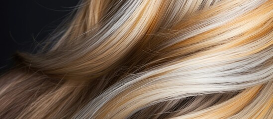 A closeup shot of a womans peachcolored hair on a dark brown background, highlighting the intricate pattern of her blonde locks