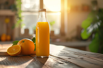 Orange Juice on a Modern Kitchen Table, Close-up Photo, Golden Hour, Soft Light