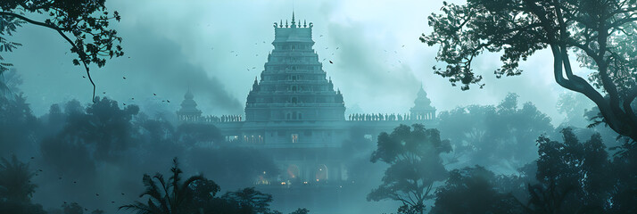 Serene Dawn at the Divinely Luminous Iyappa Swami Temple Amidst Verdant Surroundings - obrazy, fototapety, plakaty