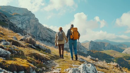 Obraz premium Senior Couple with Backpacks Hiking in Mountains
