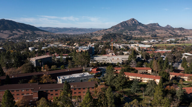 San Luis Obispo, California, USA - December 3, 2021: Afternoon light shines on the downtown campus of Cal Poly San Luis Obispo (SLO).