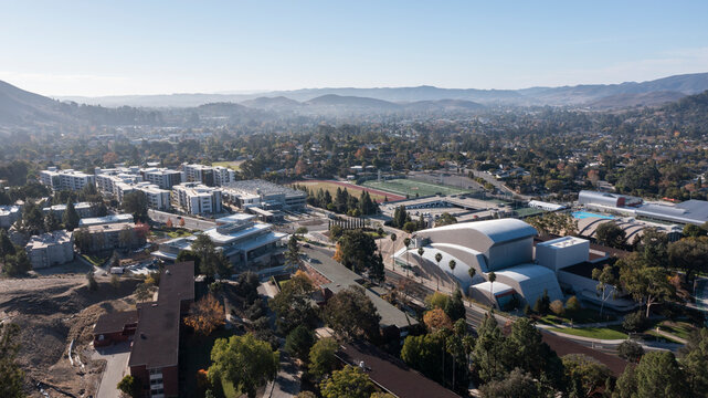 San Luis Obispo, California, USA - December 3, 2021: Afternoon light shines on the downtown campus of Cal Poly San Luis Obispo (SLO).