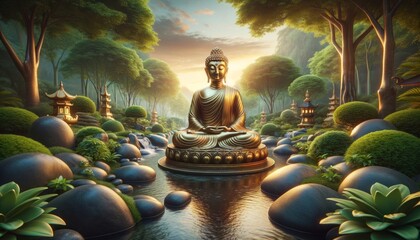 Golden Buddha statue in lotus pose, Zen garden calm, lush surroundings. Golden Buddha statue in Zen oasis, harmonizing nature with spiritual calm.