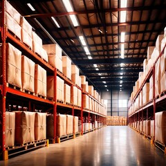 Large modern warehouse with boxes and sacks for storage in industrial logistics