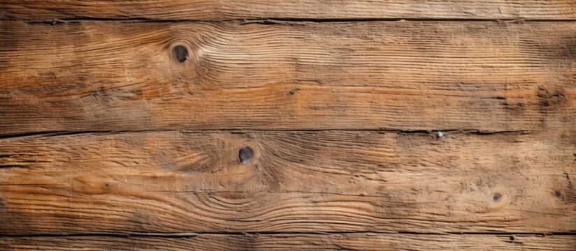 A closeup shot showcasing a beautiful wooden table with a background of hardwood flooring. The rich brown wood stain and varnish highlight the intricate patterns of the plank