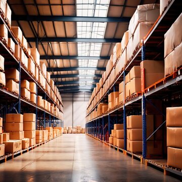 Large modern warehouse with boxes and sacks for storage in industrial logistics