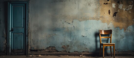 A wooden chair sits in the center of an artfully decorated room with glass doors. The room is filled with tints and shades creating a visually stunning space